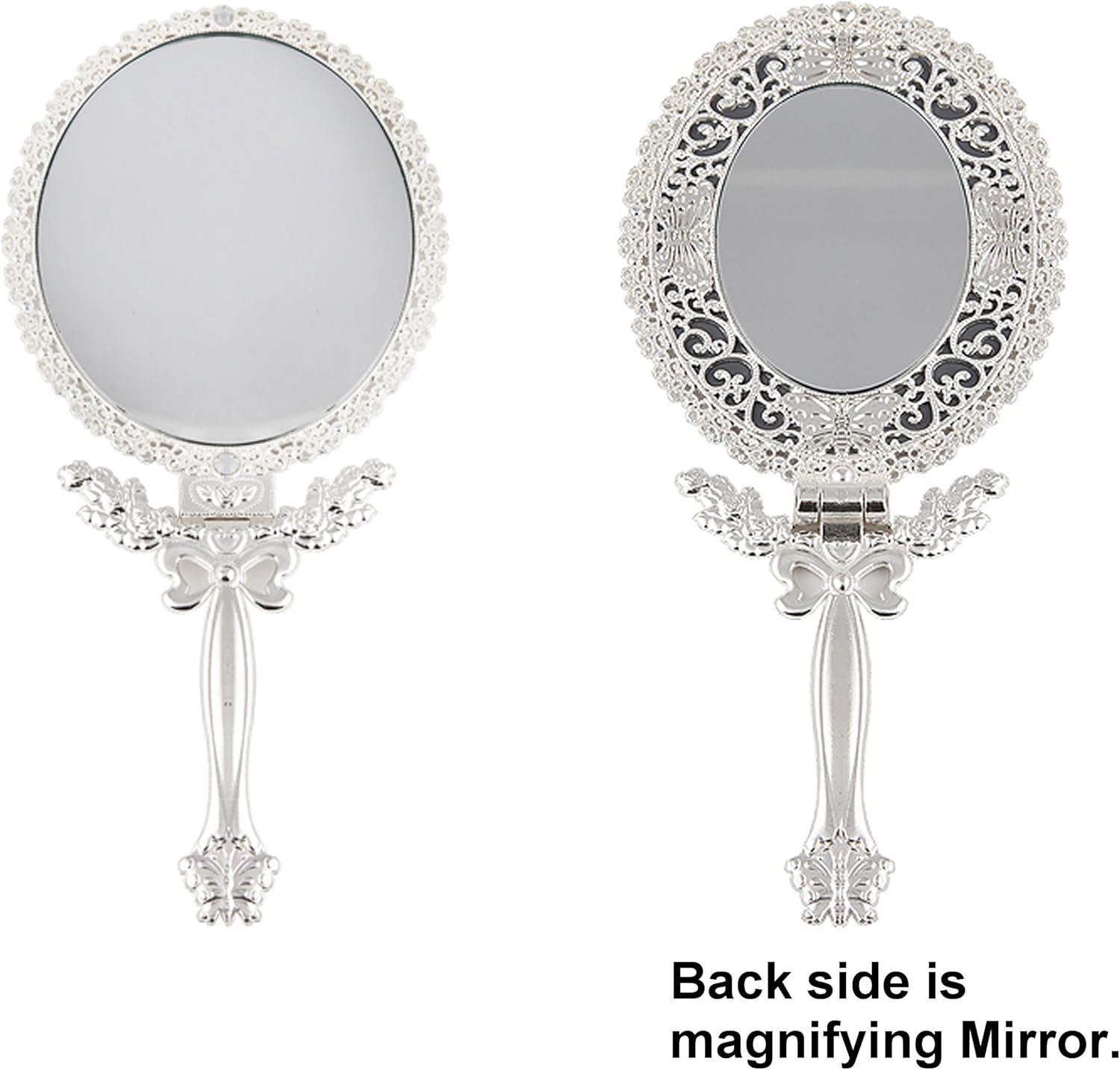 Butterfly Designed Double Sided Magnification Hand Held Makeup Metal Mirror Folding Handle Stand Travel Mirror (Large, Silver): Home & Kitchen