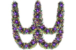 Gloreyan 33FT Mardi Gras Tinsel Garland with LED Lights, Gold Green Purple Metallic Twist Tisnel Garland, Battery Operated, Party Decoration