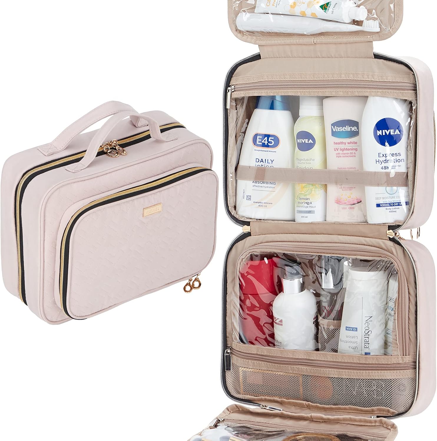 NISHEL Hanging Travel Toiletry Bag, Visible Makeup Organizer, Makeup Case for Travel Accessories, Bathroom Shower, Pink: Clothing