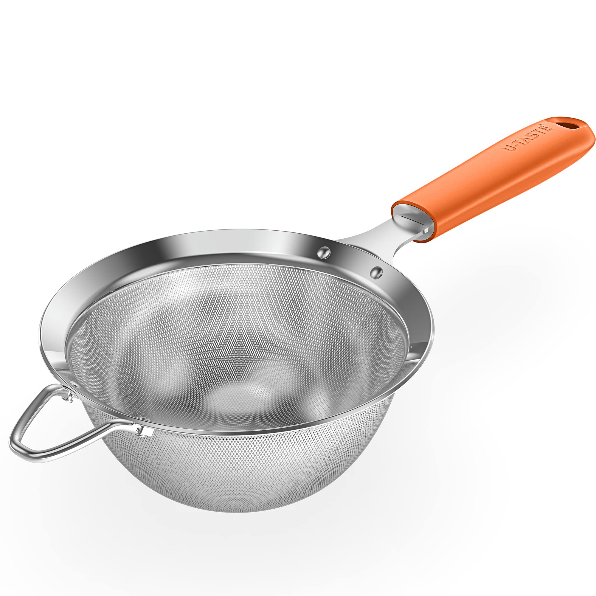 18/8 Stainless Steel Mesh Sieve: U-Taste Kitchen Metal Fine Mesh Sieve Strainer with Riveted Sturdy Silicone Handle and 30 Mesh Hole for Straining Flour, Tea, Coffee, Juice (Orange, 14 cm)