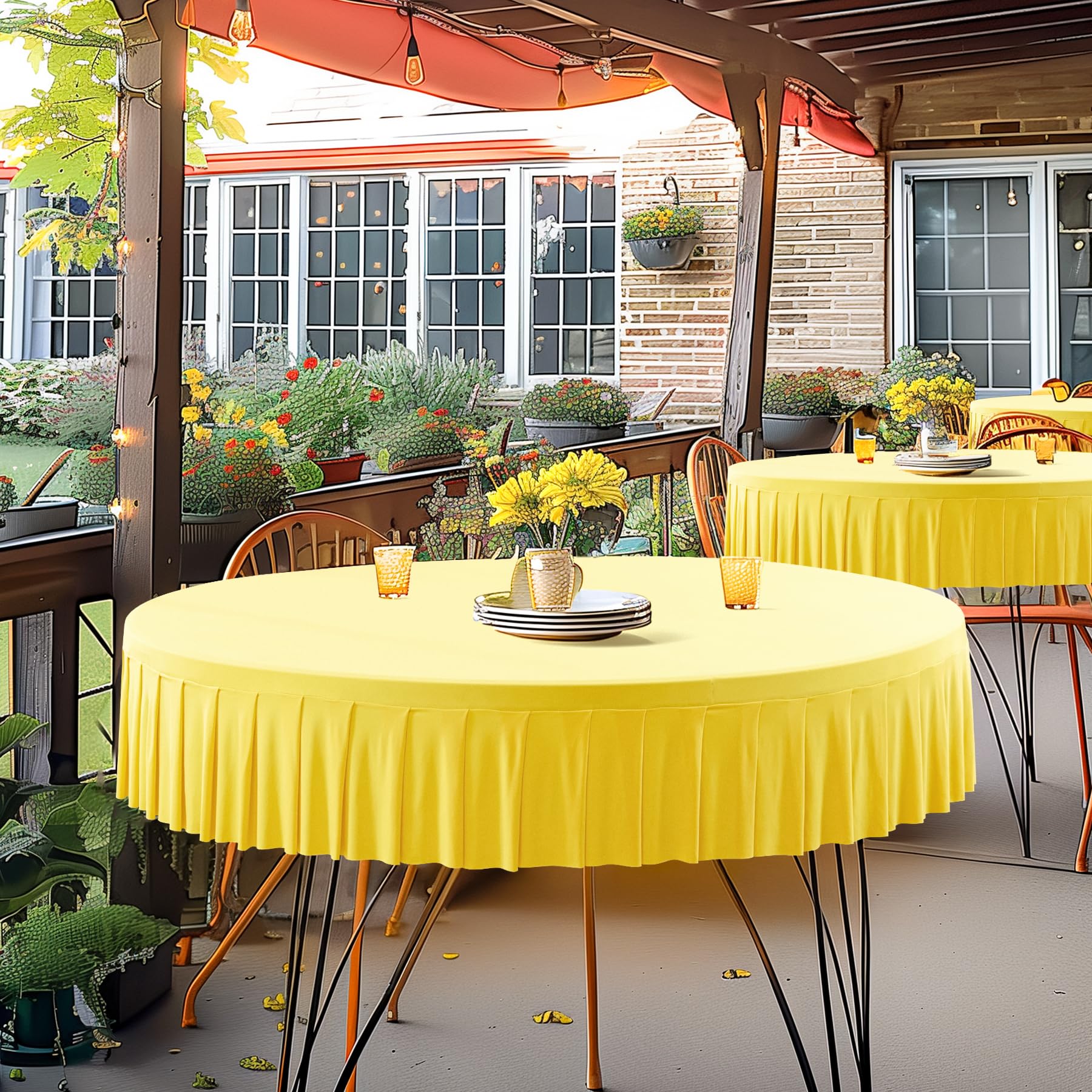 2 Pack Yellow Round Spandex Tablecloth for 72 inch Table, Wrinkle Free Stretchy 120inch Fitted 6FT Round Table Cloths Cover with Skirt for Wedding Birthday Party Dining Banquet Events
