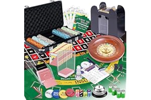 DIGNEW 5 in 1 Super Pro Casino Game Set: Blackjack/Texas Hold'em/Roulette/Craps/Poker Kit, 10" Wooden Roulette Wheel, Carrying Case with 300 Clay Chips, 6 Deck Shuffler, 2 Double-Sided Rubber Mat And More