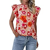 PRETTYGARDEN Women's Ruffle Short Sleeve Summer Tops 2026 Trendy Floral Trim Neck Casual Dressy Chiffon Boho Blouses Shirts