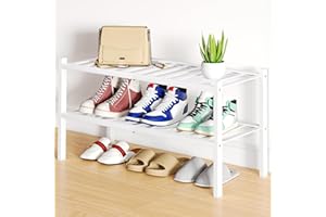 smiry Shoe Rack, 2 Tier Bamboo Shoe Organizer, Stackable Free Standing Wooden Shoe Storage Shelf for Closet, Entryway, Front 