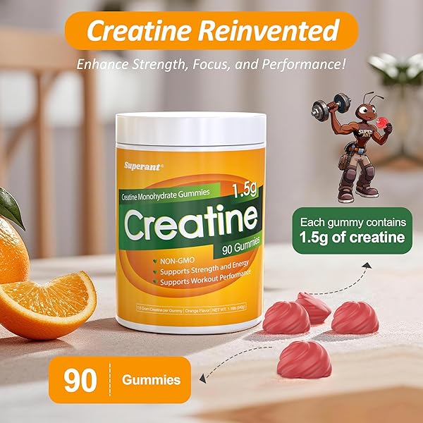 SUPERANT CREATINE MONOHYDRATE GUMMIES FOR MEN & WOMEN, 1.5G OF CREATINE PER GUMMY, BOOST FOCUS, STRENGTH, AND ENDURANCE, VEGAN, GLUTEN-FREE, NON-GMO, 90 GUMMIES
