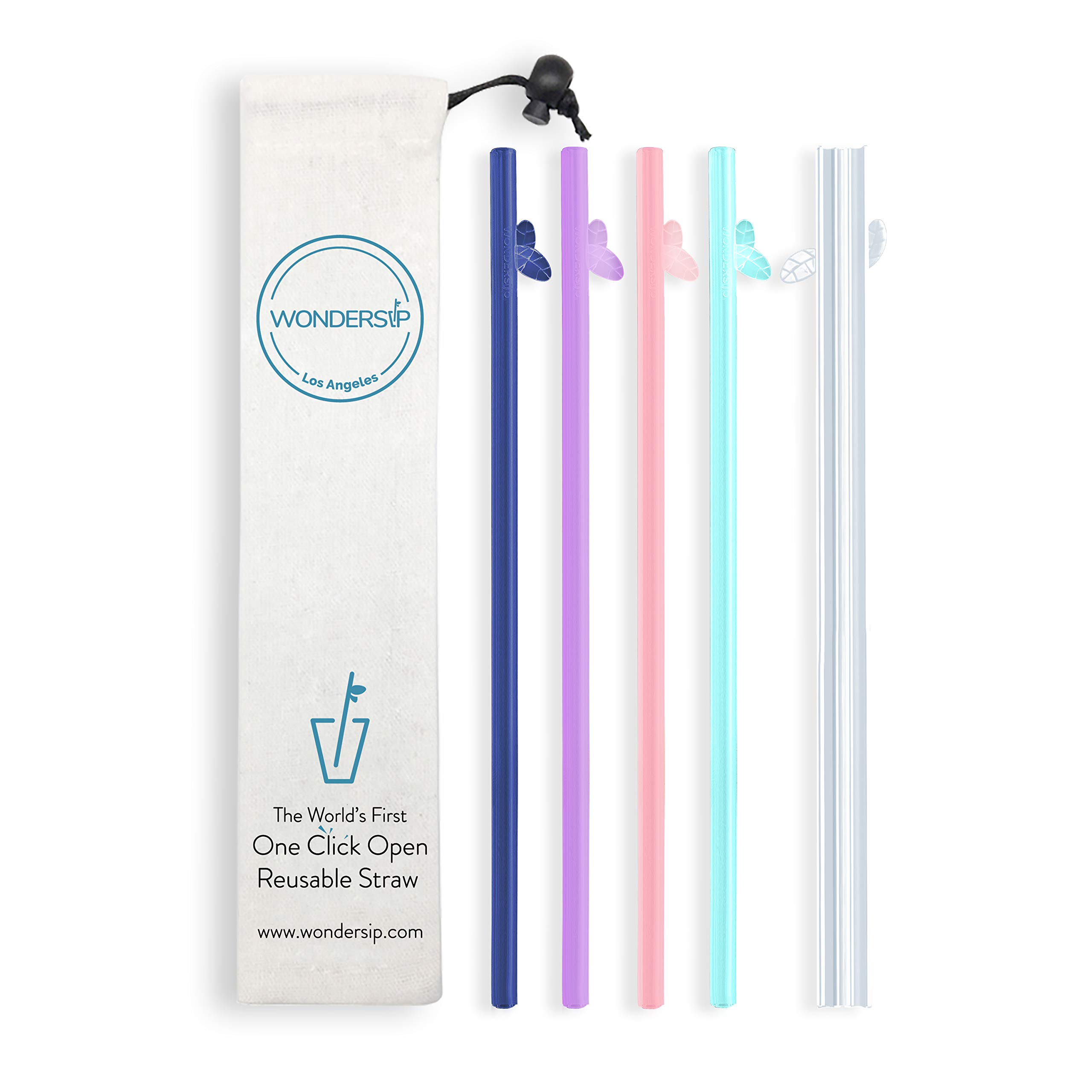 WonderSip One-Click Open Reusable Drinking Straw - One Piece Rigid Designed in California, Food Grade PP, Easy to Clean - Multi-Color 5PCs Pack (Leaf Long 10.5")