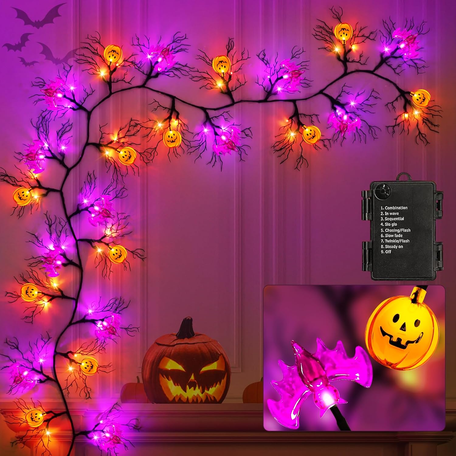 Wreaths, Garlands & Swags - 9 Ft 72 LED 8 Modes & Timer Halloween Willow Vine Twig Garland with Lights 12 Bats & 12Pumpkin,Halloween Decorations with Waterproof Battery Operated for Indoor Wall Fireplace Decor
