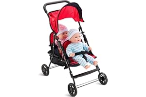 Hushlily® Tandem Double Doll Stroller with Adjustable Canopy & Basket, Foldable, with Smooth Rolling Wheels (Red & Blue)