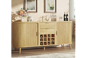 HUAHUU 58" Buffet Cabinet with Storage, Fluted Wine Bar Cabinet with Drawers & Adjustable Shelves, Mid-Century Modern Buffet Sideboard with 12 Wine Racks for Kitchen Living Room, Natural Oak