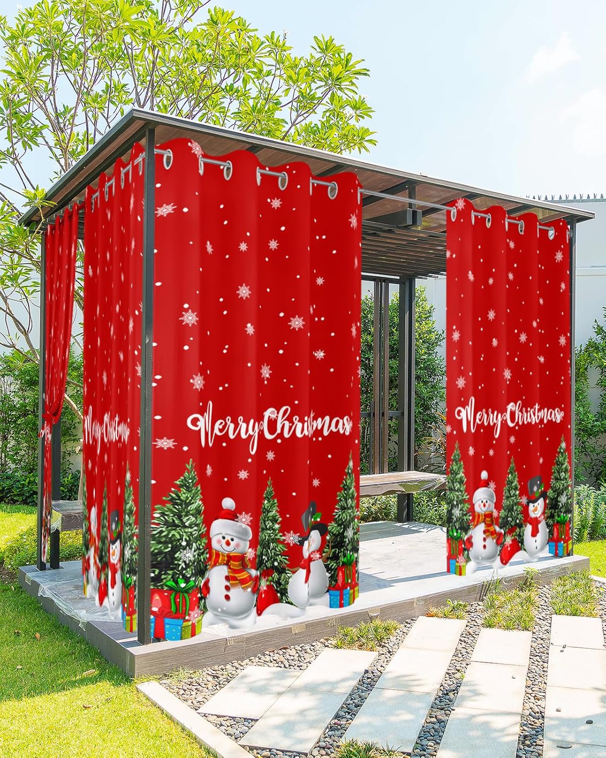 Outdoor Curtains - LIFEMUSION Christmas Tree Outdoor Curtains for Patio Waterproof, Grommet Outdoor Privacy Panels, Red Winter Snowman Snowflake Weatherproof Outside Curtains for Porch/Cabana 54