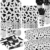 Bokon 352 Pcs Cow Print Party Supplies Include Plates Napkins Cups Cutlery Tablecloths for Baby Shower Farm Cow Birthday Party Decorations(White and Black)