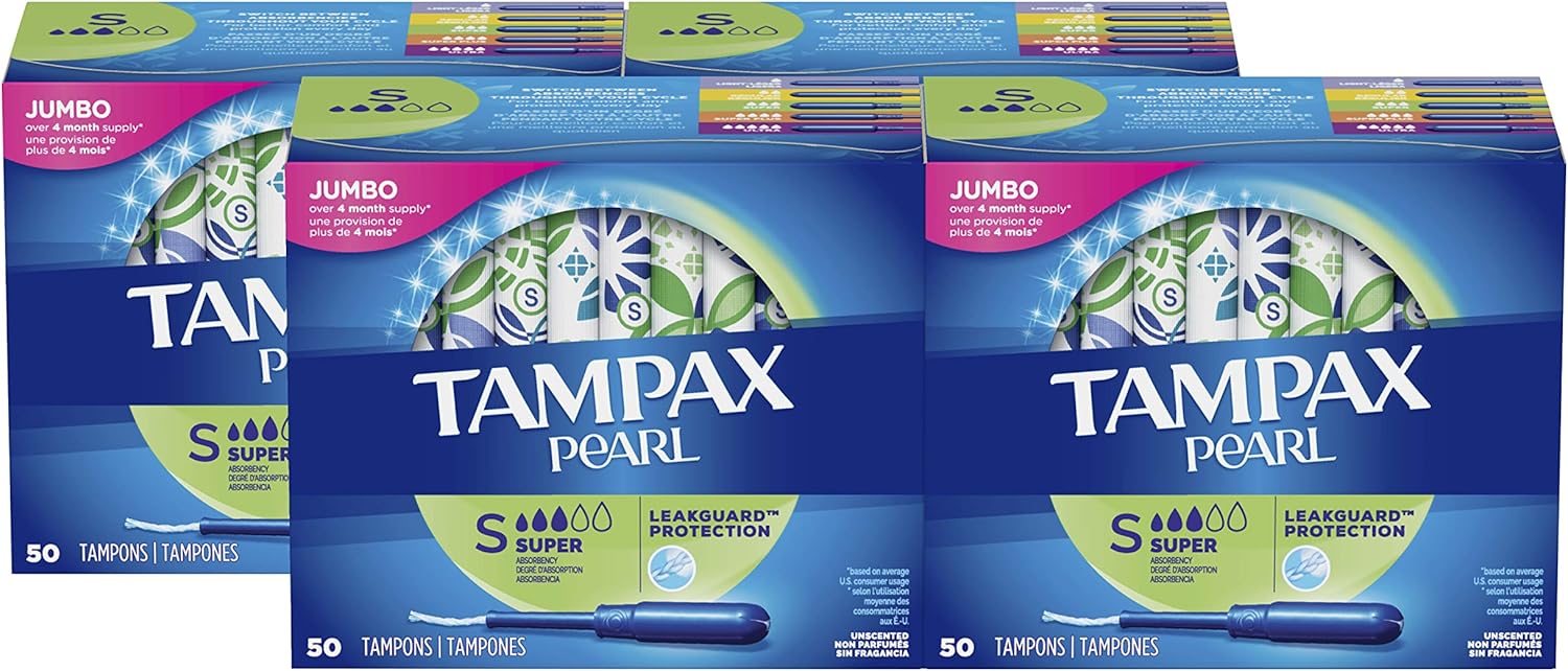 Tampax Pearl Tampons with Plastic Applicator, Super Absorbency, 200 Count, Unscented (50 Count, Pack of 4 - 200 Count Total): Health & Personal Care