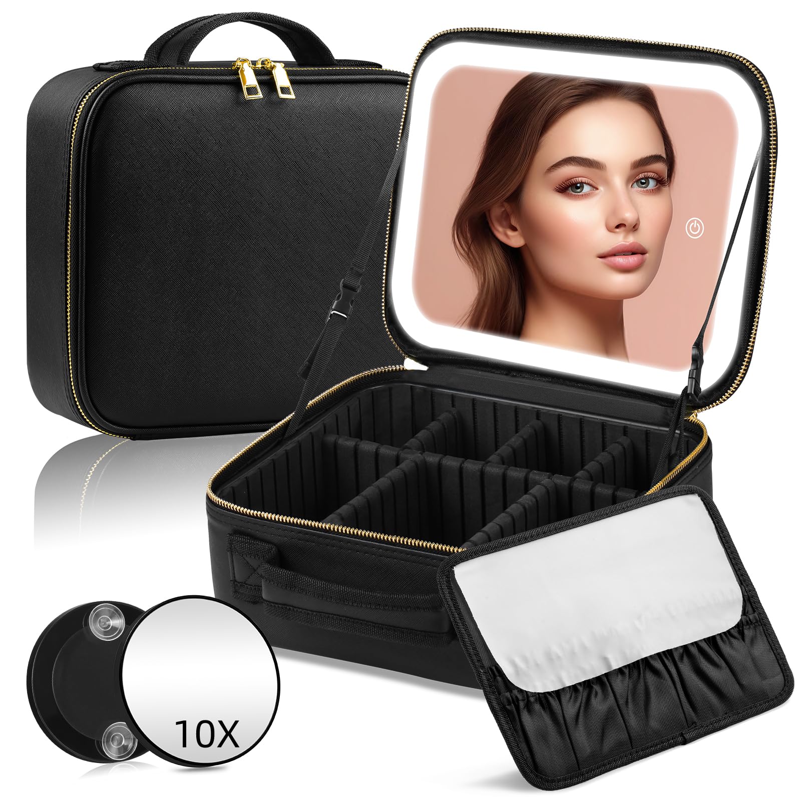 Travel Makeup Bag with LED Mirror 3 Color Setting,Travel Makeup Organizer,Makeup Case with Adjustable Dividers,Waterproof Makeup Box with 10X Magnifying Mirror,Black