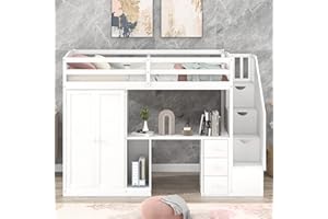 BIADNBZ Multi-Function Twin Size Loft Bed with Wardrobe and Staircase, Desk and Storage Drawers and Cabinet in 1 for Kids Girls Boys Teens,White