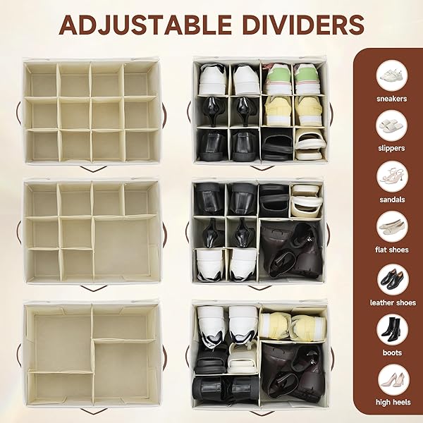 KITHERO 2-PACK SHOE ORGANIZER FOR CLOSET, FOLDABLE SHOE STORAGE CONTAINER WITH ADJUSTABLE DIVIDERS & CLEAR LID, HOLDS UP TO 12 PAIRS, SPACE-SAVING SHOE BOXES, WHITE