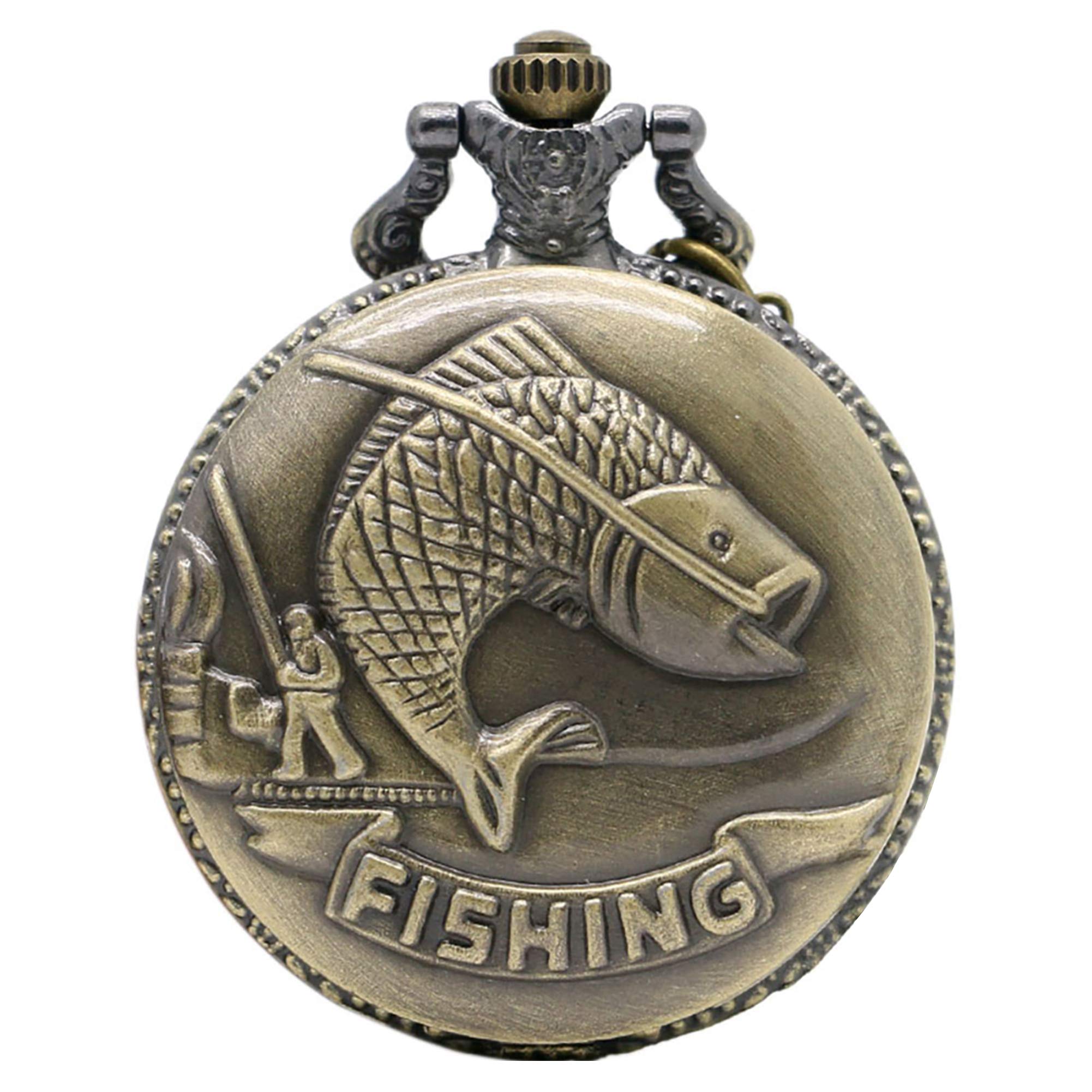 CokinkiDs Vintage Quartz Pocket Watch Fish Pattern Necklace Bronze Pendant Pocket Watch with Chain for Fisherman Men Xmas Gift - 1.8" Dial