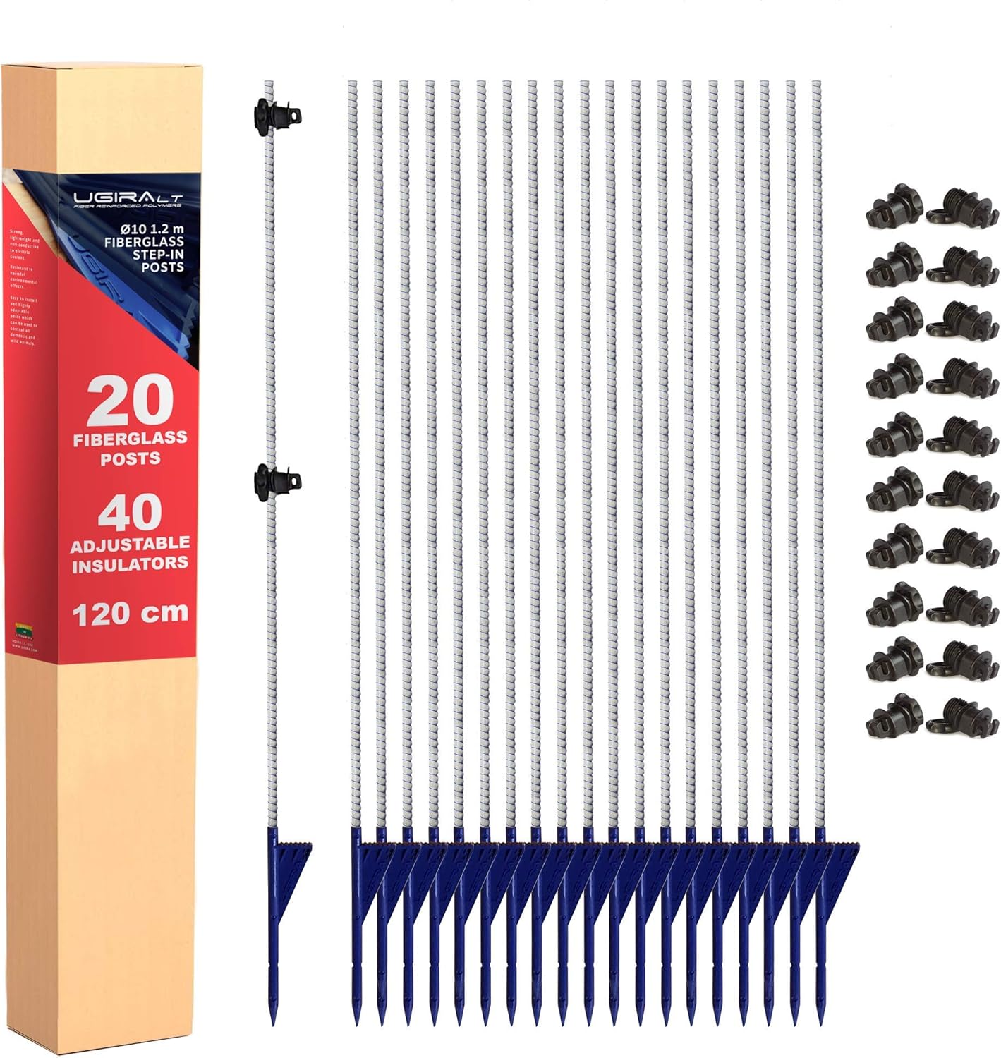 Ugira LT 20 x Fiberglass StepIn Electric Fence Posts with 40 x Plastic