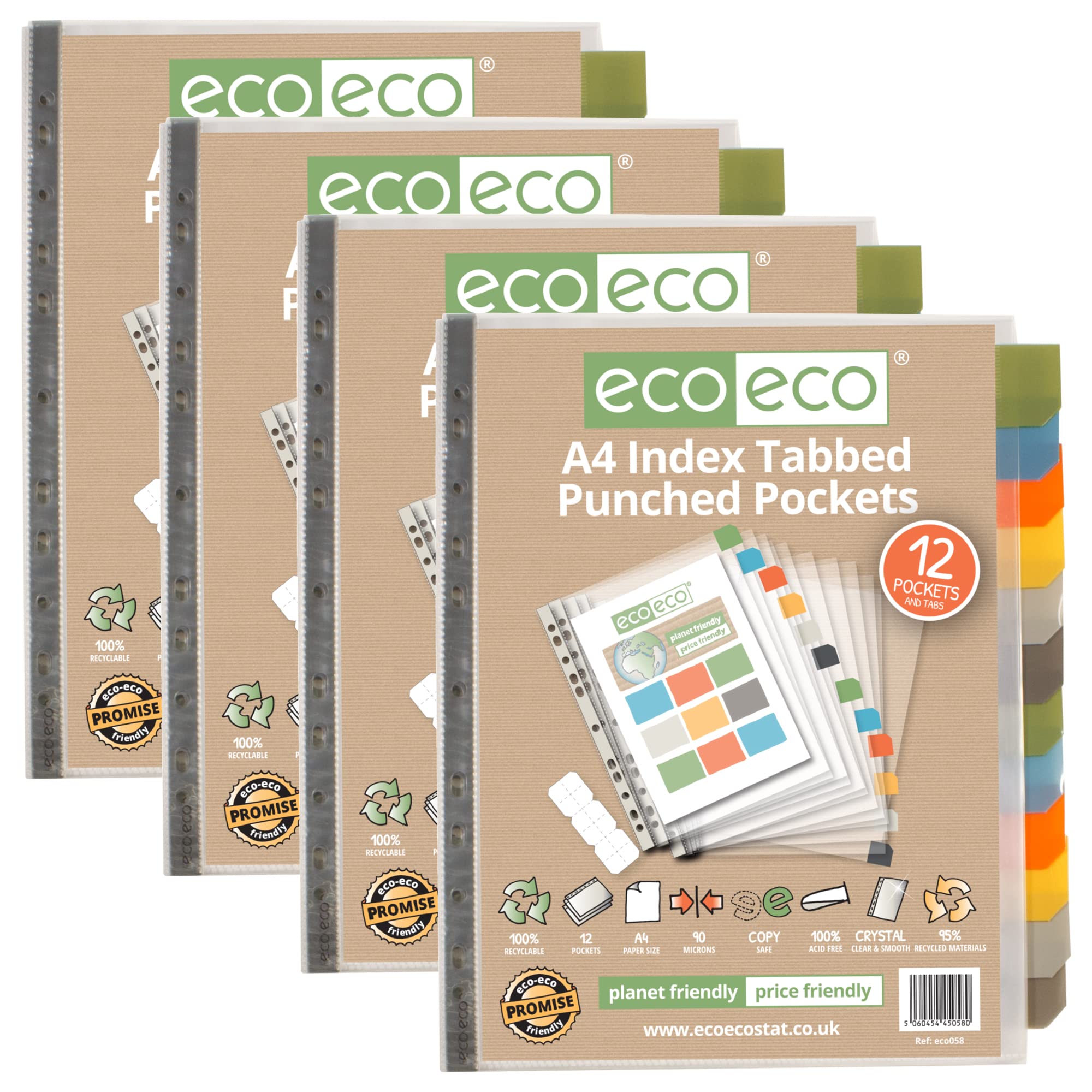 eco-eco A4 95% Recycled Set 12 Punched Poly Pockets with Divider Index Tabbed Wallets, Sheet Protectors, Pack of 2, eco058x4