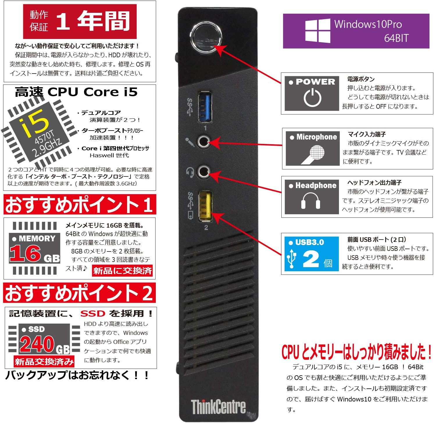 Amazon Co Jp 中古パソコン Windows10 デスクトップ 極小 一年保証 Lenovo Thinkcentre M73 Tiny Core I5 4570t 2 9 最大3 6 Ghz Mem 16gb 新品 Ssd 240gb 新品 光学ドライブ非搭載 Win10pro64bit パソコン 周辺機器