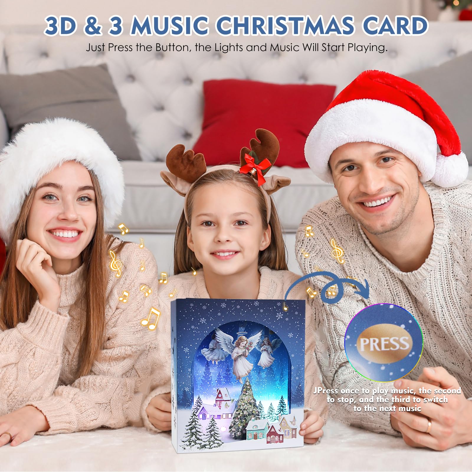 Yinghezu 3D Pop Up Christmas Cards with Lights & Music with Envelopes, Animated Christmas Gift Cards for Mom Women Men Kids Child Dad Father Wife Husband Boys Girls