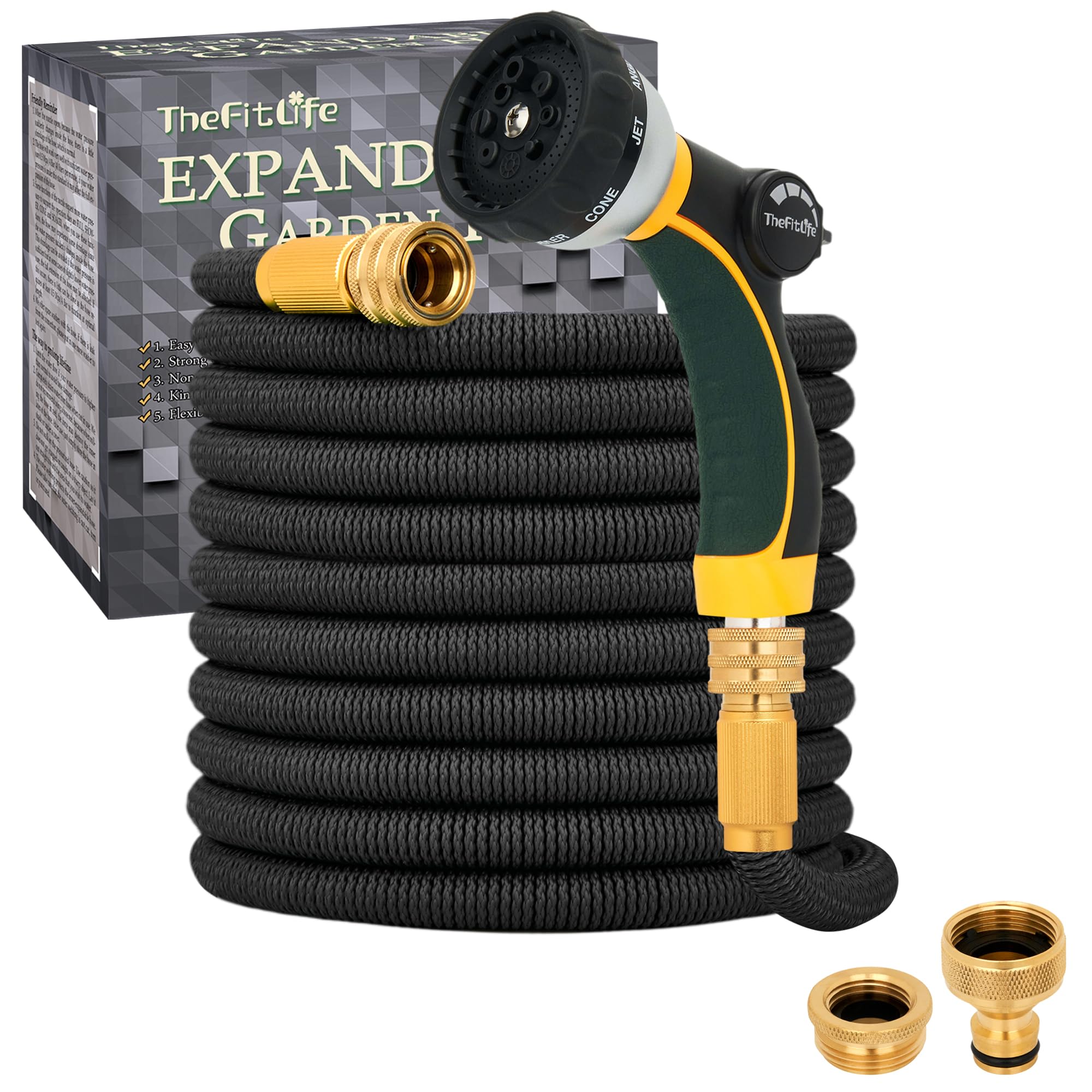 TheFitLife Expandable Garden Hose Pipe - Triple Core Latex and Solid Metal Fittings 8 Pattern Spray Nozzle EU Standard Expanding Kink Free Easy Storage Flexible Water Hose (100 FT, Black)