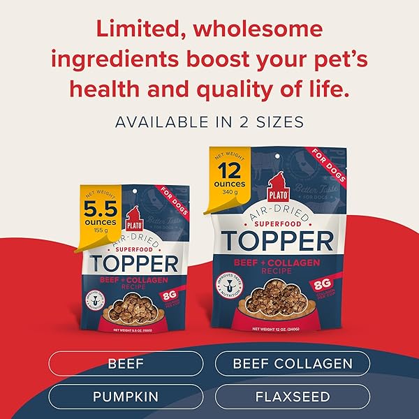 PLATO PET TREATS DOG FOOD TOPPERS – AIR-DRIED DOG FOOD TOPPERS FOR DRY FOOD – WITH COLLAGEN TO SUPPORT SKIN AND COAT HEALTH – BEEF AND COLLAGEN RECIPE 12OZ