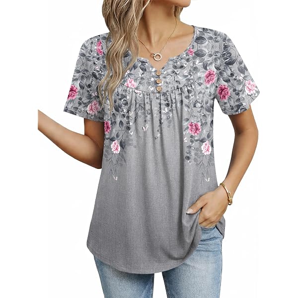 Camiseta De Manga Corta Con Cuello En V Para Mujer Earlymemb - Estampado Floral Bohemio, Color H-Gris, Talla Large, Estilo Casual Campestre
