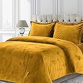 Tribeca Living Velvet Duvet Cover Queen Oversized 3 Piece Set with 2 Shams, 260-GSM Luxury Plush Velvet Duvet Cover with Microfiber Reverse in Venice Gold Color