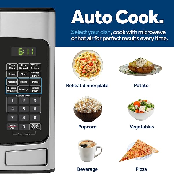 GE COUNTERTOP MICROWAVE OVEN, COMPACT 1.1 CUBIC FT., 950-WATT CAPACITY, 6 AUTO COOKING SETTINGS, CHILD-LOCK TECHNOLOGY, KITCHEN ESSENTIALS FOR THE COUNTERTOP, DORM ROOM OR APARTMENT, STAINLESS STEEL