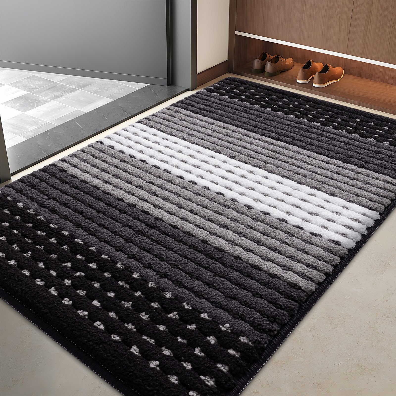 Kitinjoy Indoor Outdoor Door Mat, 40x32 Non-Slip Absorbent Dirt Trapper, Low-Profile Washable Inside Entrance Front Floor Mat, Sturdy Soft Entry Dotted Ombre Doormats for Entryway, Black Image