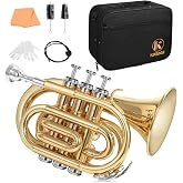 KORDOS Pocket Trumpet B Flat Quality Brass Bb Mini Trumpet with 7C Mouthpiece, Cleaning Kit, Gloves, Hard Case for Beginners, Students, Travelers and Professionals, Gold Lacquer