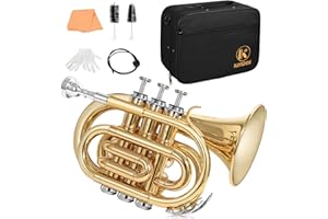 KORDOS Pocket Trumpet B Flat Quality Brass Bb Mini Trumpet with 7C Mouthpiece, Cleaning Kit, Gloves, Hard Case for Beginners, Students, Travelers and Professionals, Gold Lacquer