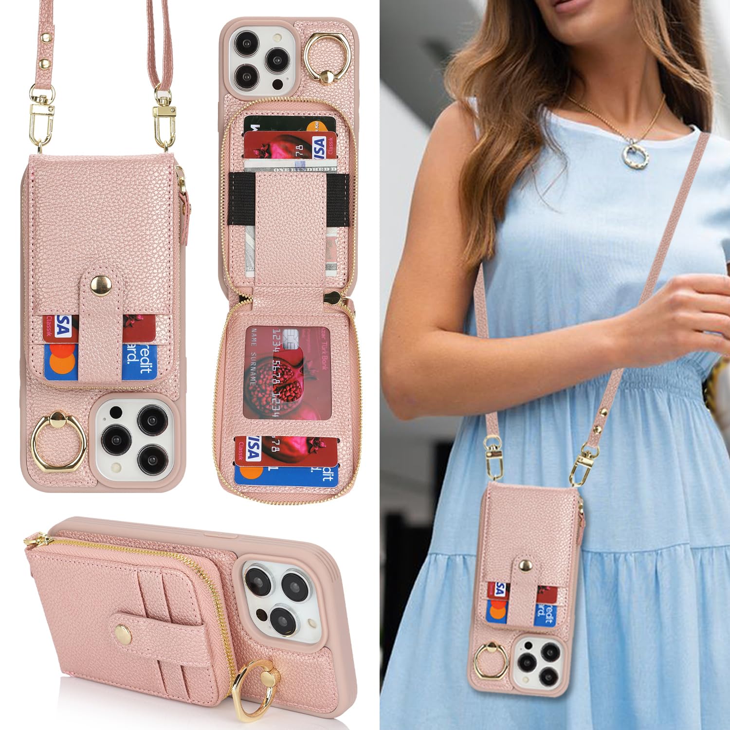 SailorTech iPhone 14 Pro Max Case Ring Stand with Card Holder for Women, iPhone 14 Pro Max Leather Case Wallet Crossbody with Kickstand Credit Card Zipper Case for iPhone 14 Pro Max-Rose Gold