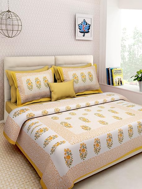 Suraaj Fashion Rajasthani Traditional Hand Block Printed 144 TC Cotton Double Bedsheet with 2 Pillow Covers - Yellow