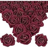 ICBOX 100pcs Burgundy Glitter Roses 2.56" Foam Glitter Flowers Fake Roses Artificial Roses for Bridal Shower Centerpieces DIY Wedding Flower Floral Arrangements