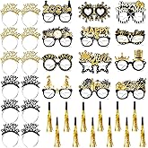 oyhqes 36pcs 2026 New Years Eve Party Supplies, Happy New Year Decorations Includes 12 Headband Tiaras,12 New Year Eyeglasses Props and 12 Fringed Noise Makers for 2026 New Years Party Decor