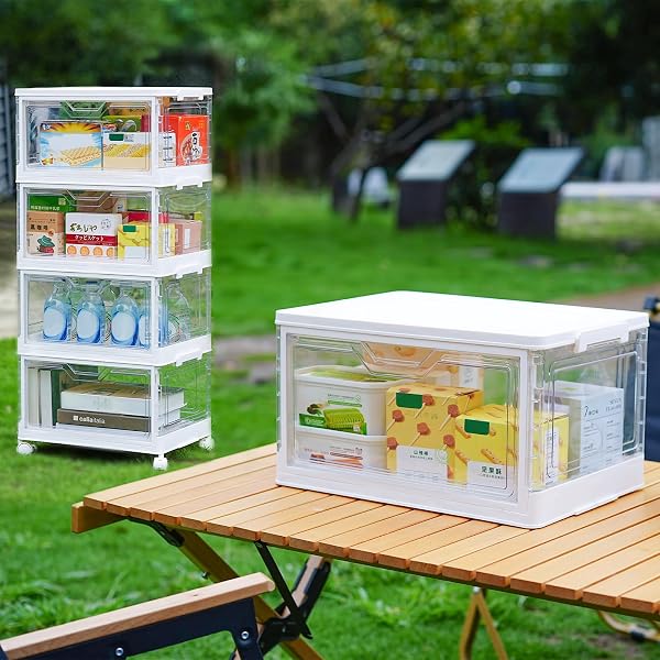 FREEBAT COLLAPSIBLE PLASTIC STORAGE BINS WITH WHEELS, CLEAR STACKABLE STORAGE BINS WITH LID, STACKABLE STORAGE BINS WITH OPEN DOOR, FOLDING STORAGE BINS ORGANIZER FOR CLOSET, BEDROOM, LIVING ROOM