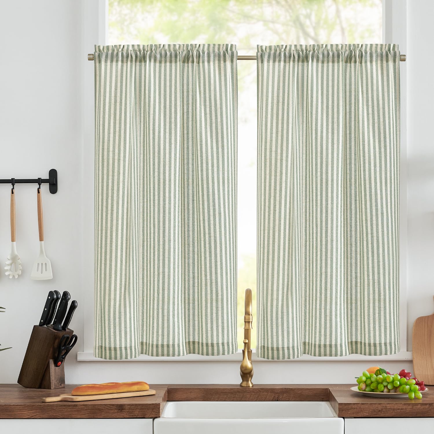 TOPICK Green Striped Kitchen Curtains 45 Inch Drop, Light Filtering Small Cafe Curtains, Short Half Window Curtain Tier 2 Panels for Bathroom, Cupboard Base, Sink, Bedroom, W 26 x L 45 Inch