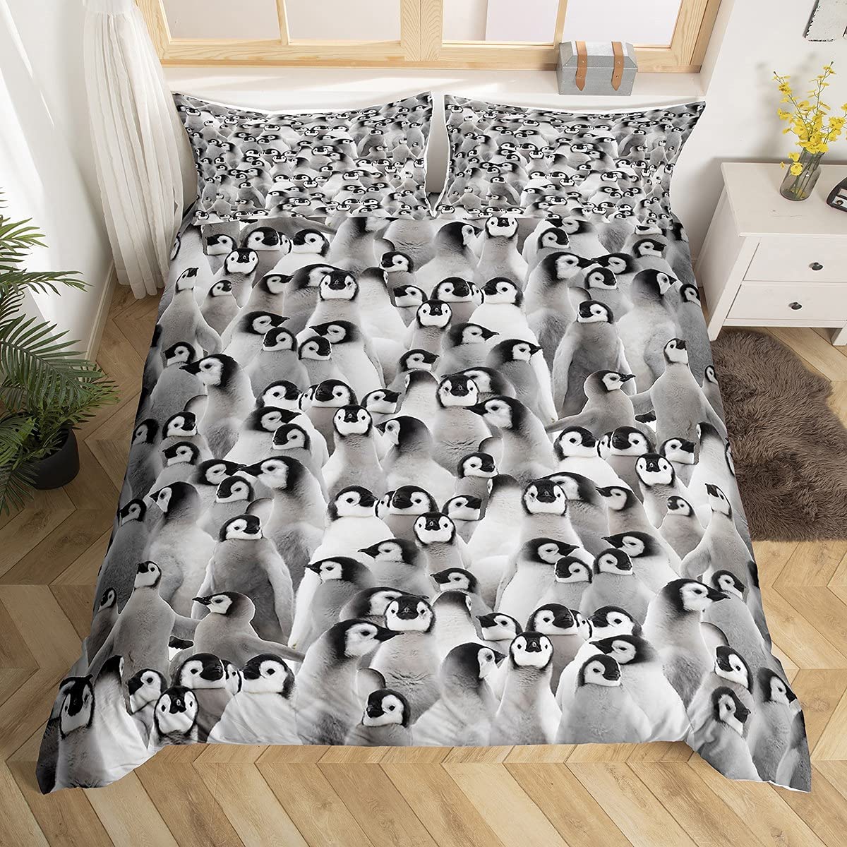 Penguin Bedding Set Kids Cute Polar Animal Comforter Cover Set for Boys Girls 3D Penguins Duvet Cover Breathable Black White Funny Wildlife Bedding & Linen King Size — image 1