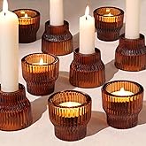 HAVITI 12pcs Amber Glass Candlestick Holders, Taper Candle Holders Tea Light Candle Holder for Wedding Centerpieces Table Decorations, Votive Candle Holders for Table Decor