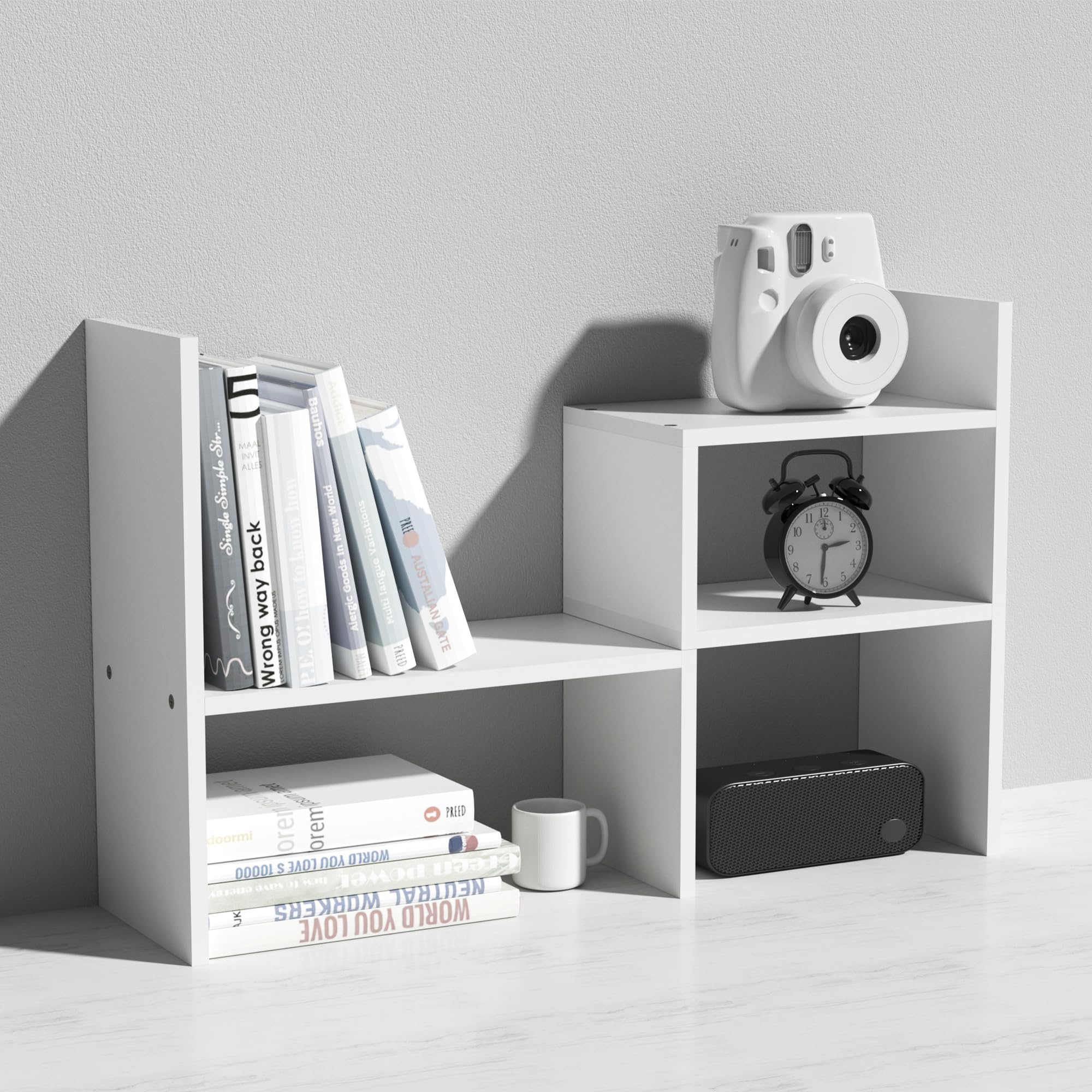 Photo 1 of MASAKA B&W - Kawaii Storage Desktop Organizer for Your Desk Space, Double H Plants Display Shelf, Home Office Storage Rack Adjustable Stackable for Office, Dormitory (White*02)