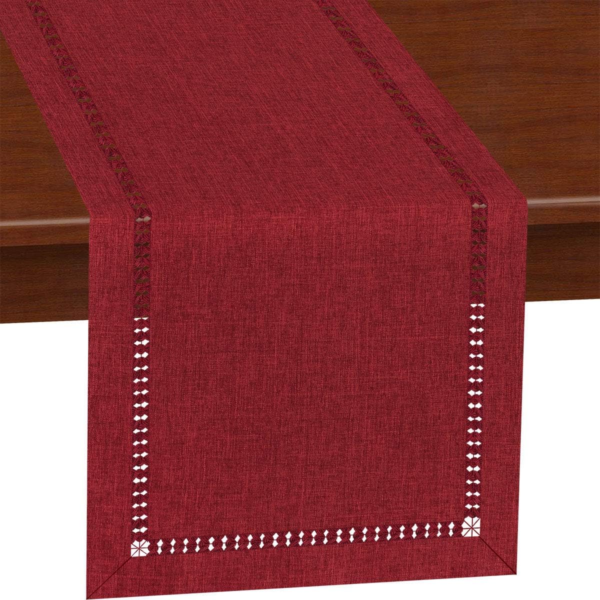 Grelucgo Small Handmade Hemstitched Polyester Rectangle Table Runners Dresser Scarves, Cranberry 14x36 inch: Kitchen & Dining