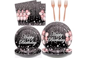 Chiazllta 96 Pcs Black & Rose Gold Party Paper Plate and Napkins - Pink Rose Gold Birthday Party Table Decoration Supplies - Pink Glitter Paper Plate Napkin Fork for 24 Guests