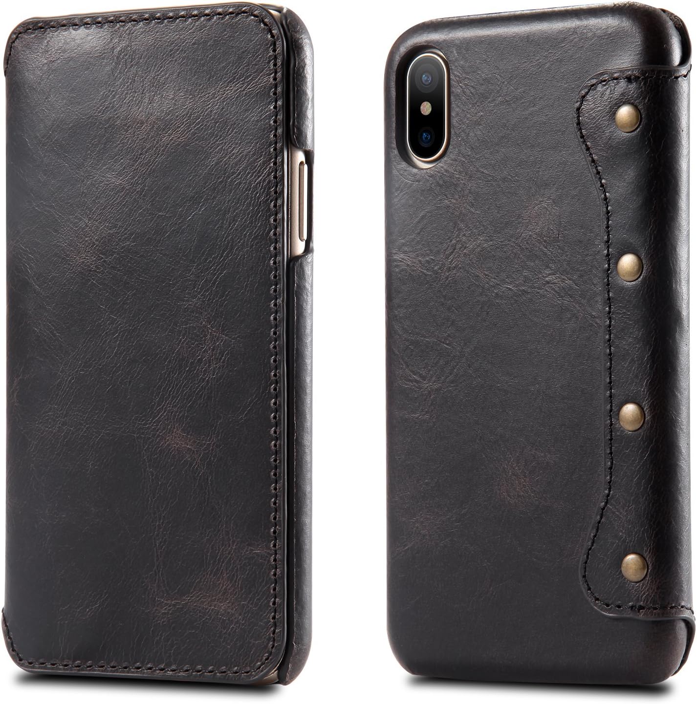 iPhone Xs Max Leather Case, Reginn Waxed Leather Folio with [Card Slot] [Cash Pocket] and [Stand Function] [Qi Charging Compatible] Leather Wallet Case for iPhone Xs Max (Black)