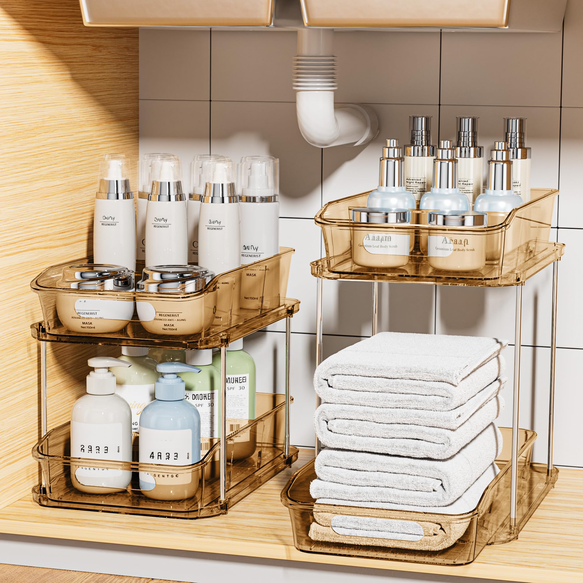 Photo 1 of Delamu 2 Sets of 2-Tier Clear Under Sink Organizers and Storage, Multi-Purpose Stackable Bathroom Cabinet Organizers, Amber