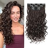 Flvaco Curly Clip In Hair Extensions, 4PCS 16 Inch Chocolate Brown Extensions Clip Ins Lace Weft Short Curly Invisible Natural Hairpieces for Women