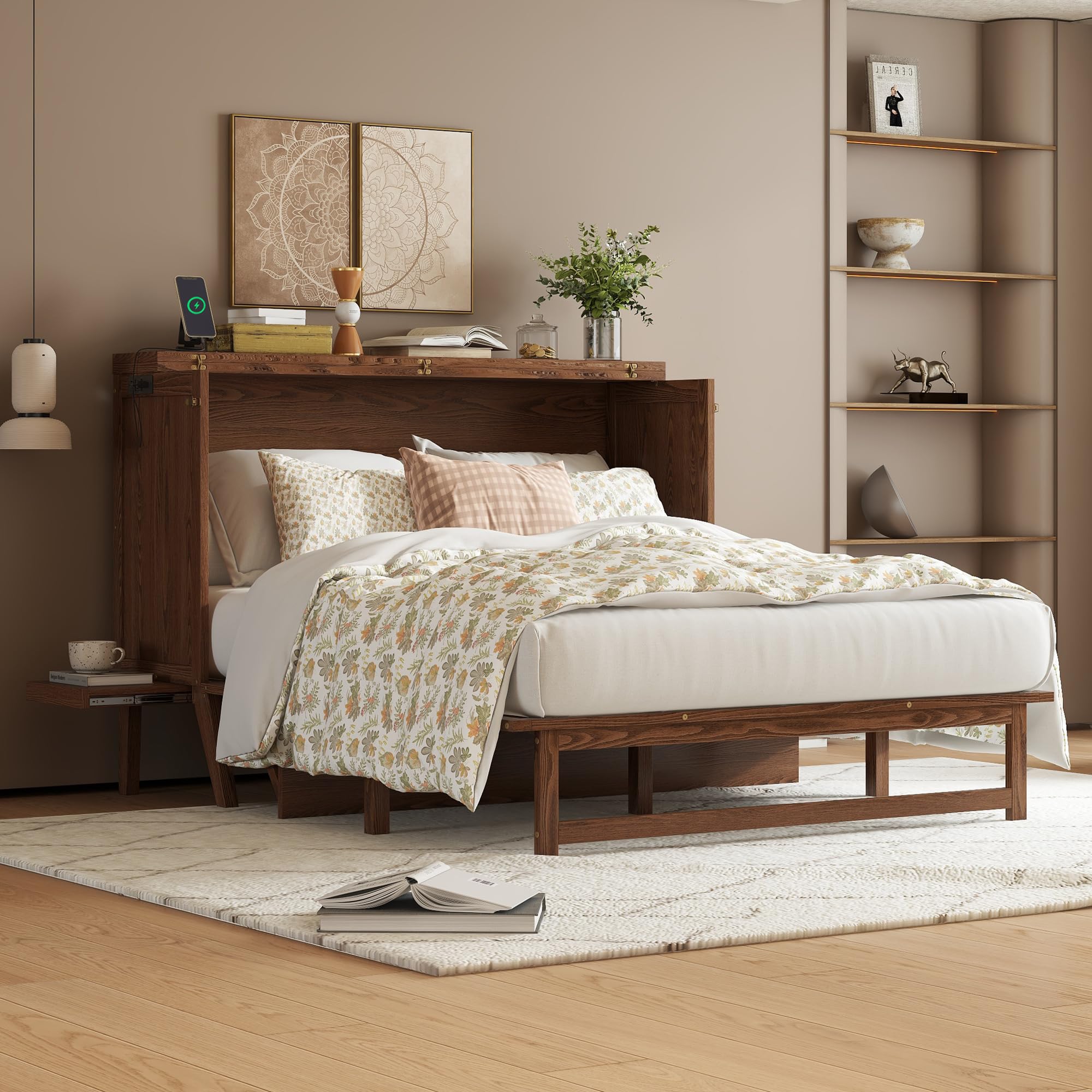 Photo 1 of ***IT IS UNKNOWN IF IT HAS MISSING PARTS***KEIKI Queen Size Cabinet Murphy Bed with Charging Station, Drawer, Removable Shelves, Multiple Storage Foldable Hideaway Wall Murphy Bed Frame, No Box Spring Needed, Easy Assembly, for Bedroom, Walnut