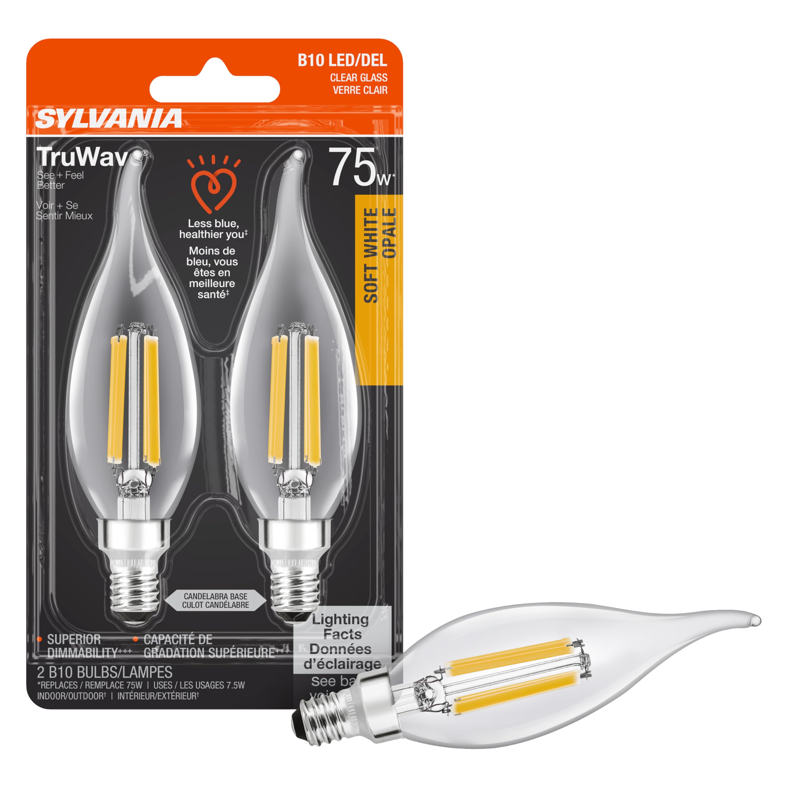 Photo 1 of Sylvania LED TruWave Natural Series Décor Light Bulb, B10 Chandelier 75W Equivalent, Efficient 7.5W, Candelabra Base, Dimmable, 750 Lumens, 2700K, Clear, Soft White - 2 Pack (42281)