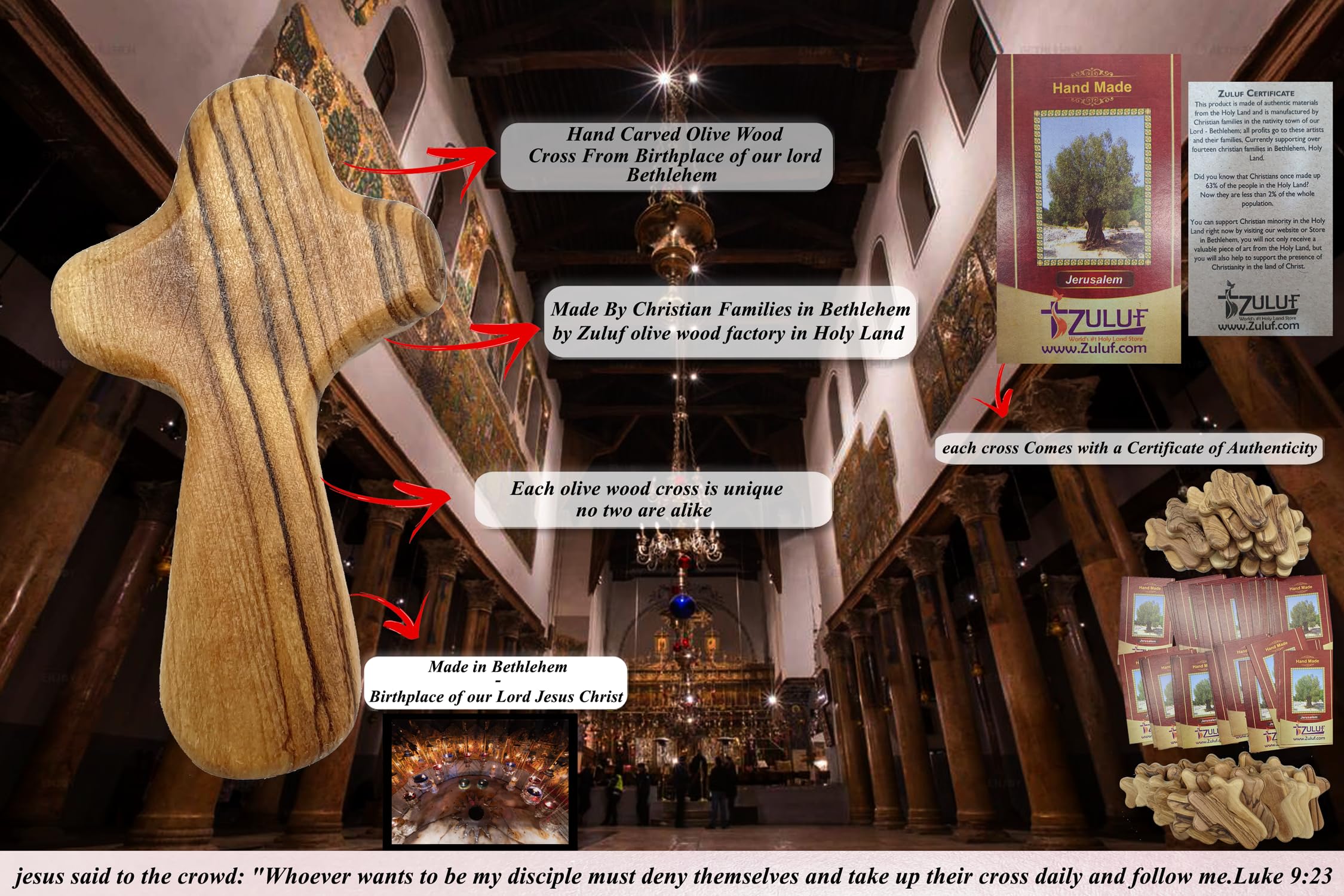 Zuluf 25 Small Olive Wood Comfort Crosses from Bethlehem Israel | Religious Pocket Holding Crosses Gift for Kids and Adults | 6cm / 2.5 Inch Each Cross