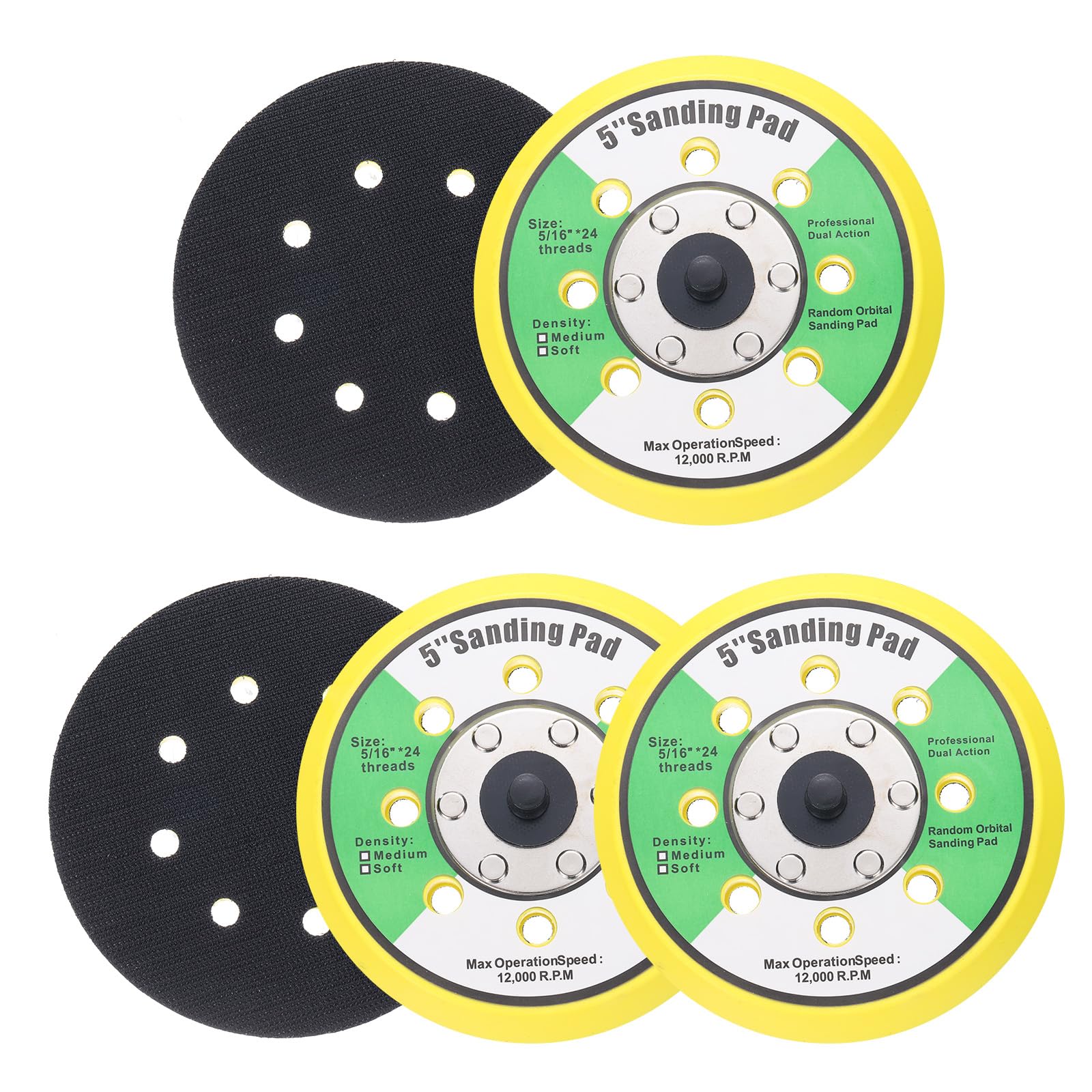 Sourcingmap 5 Inch Hook and Loop Backing Sanding Pads with 5/16"-24 Thread for Diamond Sanding Finishing Polishing Buffing Pads, Yellow and Black 5pcs